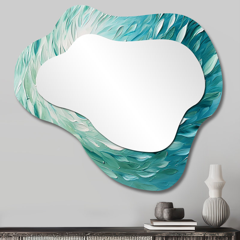 Green Turquoise Boho Feather Wave - Feathers 3D Shapes Irregular Modern Large Wall Mirror, 25" x 28"