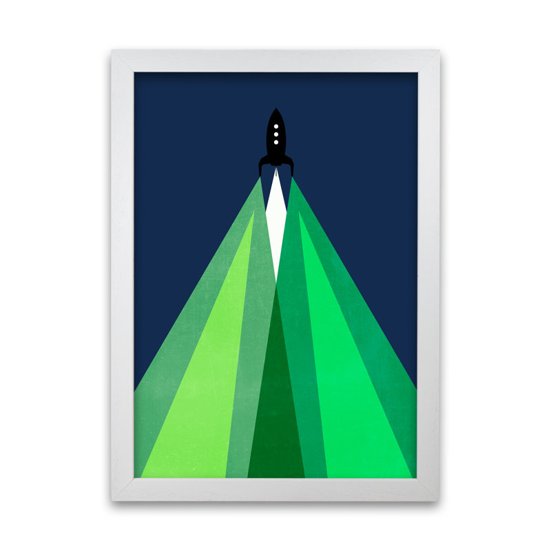 Green And Blue Kids Rocket - Print, 30cm H x 21cm W x 3cm D, White Frame