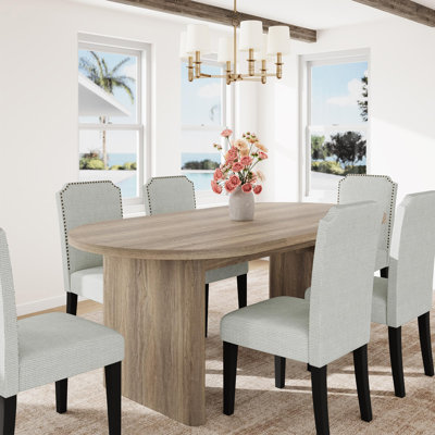 Ensemble de table de salle à manger ovale de 70,8 pouces pour 6 personnes, table de cuisine 7 pièces avec base en bois épais et robuste et 6 chaises rembourrées à dossier haut avec pieds en bois et assises rembourrées