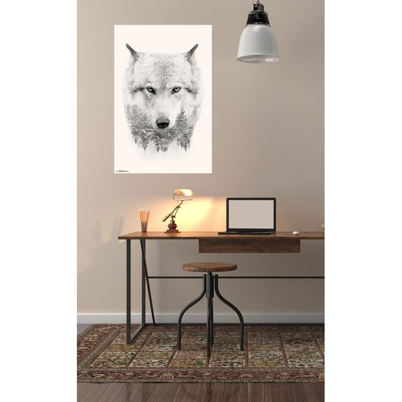 Loup et arbres - Reproduction d'art graphique sur papier, H 34 po x l 22,25 po x P 0,05 po, Toile tendue
