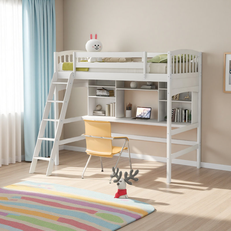 Lit mezzanine simple avec tablettes de rangement, bureau et échelle