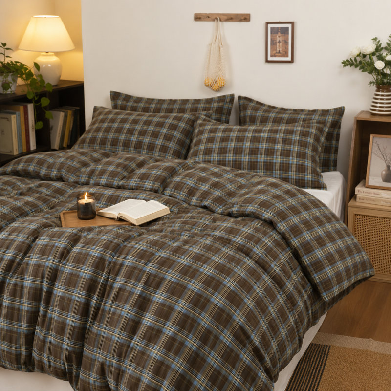 Vintage 3-Piece Washed Cotton Duvet Cover Set With Pillow Shams, Queen Duvet Cover + 2 Standard Shams, Blue/Brown Plaid