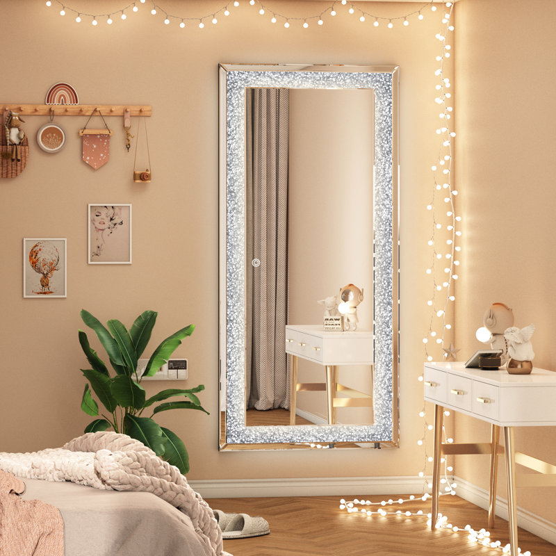 LED Bathroom Mirror, 3-Color Dimmable Lighting, Modern Rectangle Wall Vanity Mirror, Crystal Crush Diamond Mirror