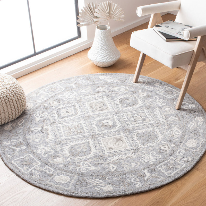 Tapis géométrique en coton touffeté à la main avec micro-boucle, Rond 5 pi