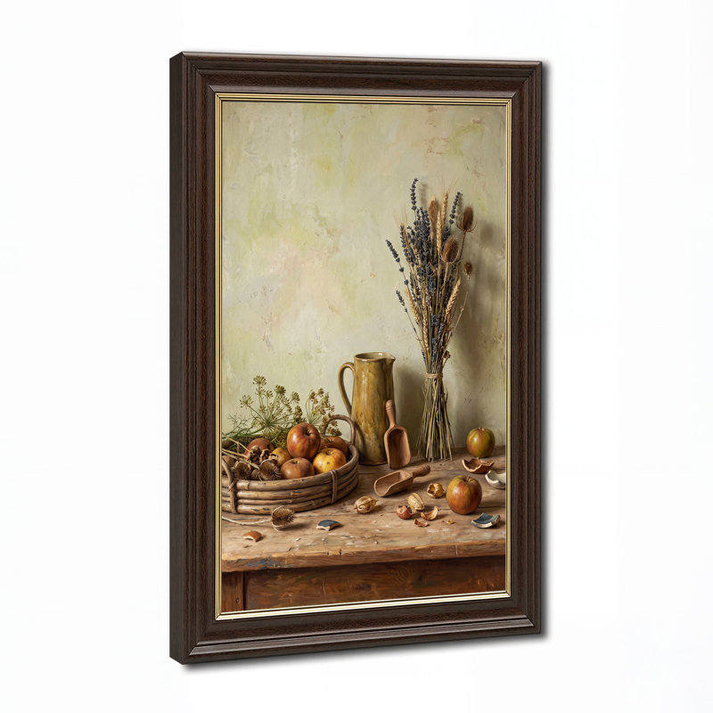 Tableau sur toile représentant un panier de pommes et de lavande séchée sur une table rustique en bois, H 18 po x l 12 po