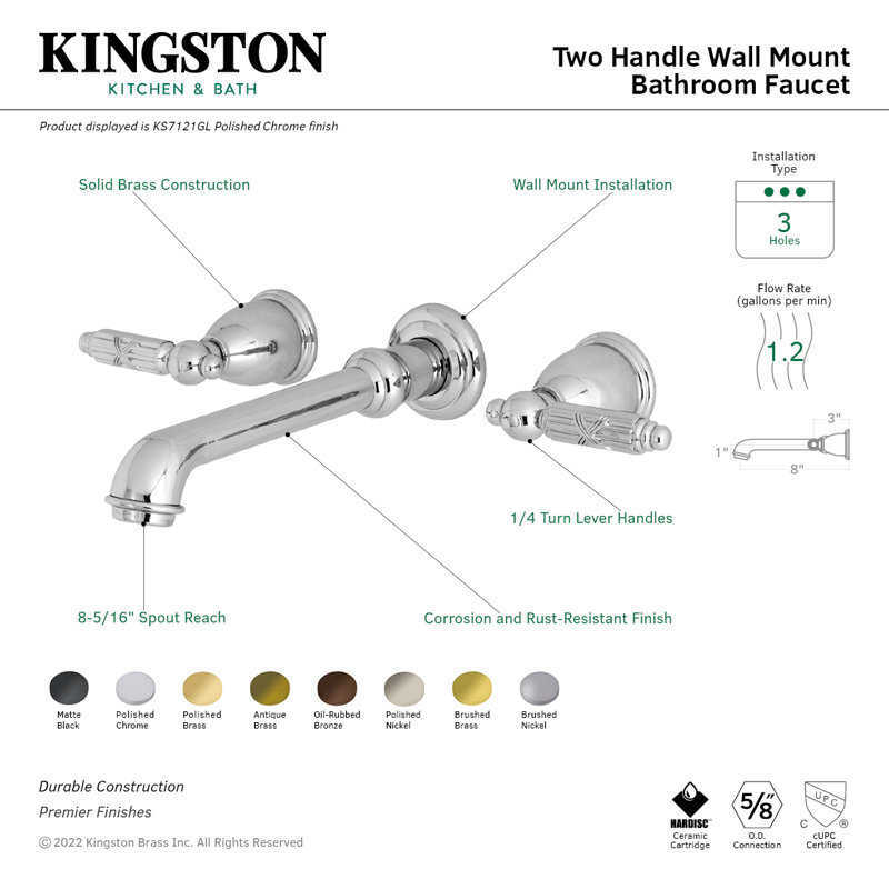 Robinet de salle de bain mural 3 trous Kingston, Nickel poli