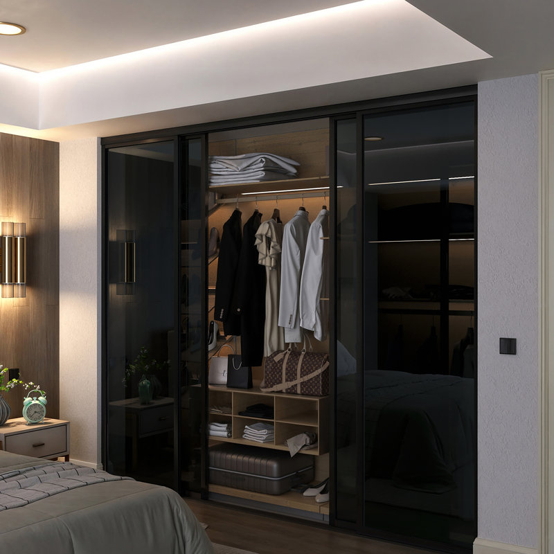 Armoire 4 panneaux coulissants en verre fumé, Noir mat, L 96 po x H 80 po