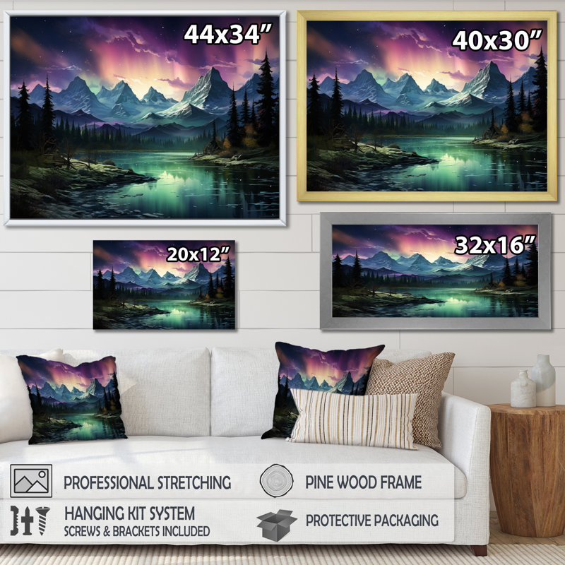 Northern Lights Celestial Symphony I sur impression sur toile, Cadre simple noir, H 16 po x l 32 po x P 1 po