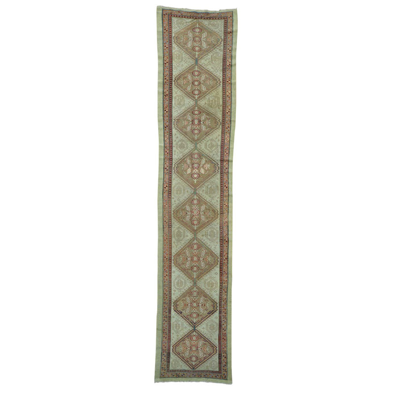 Tapis de la laine vert/brun 3 pi 1 po x 14 pi, en laine de chemin de années 1900 anatolian vert/brun à la main one-of-kind noué la