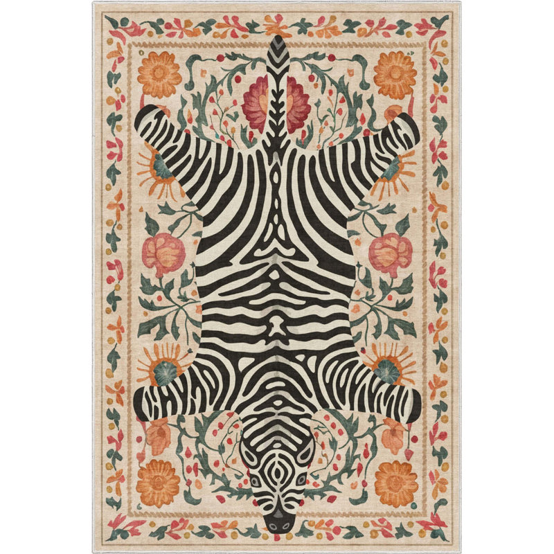 Zebra’S Haven Ivory Multi Animal Print Modern Area Rug, Rectangle 5'3" x 7'3" 