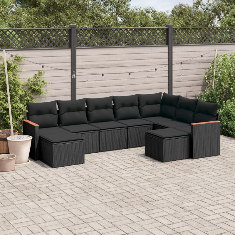  Ensemble de canapé de jardin en rotin PE noir avec grands pieds réglables