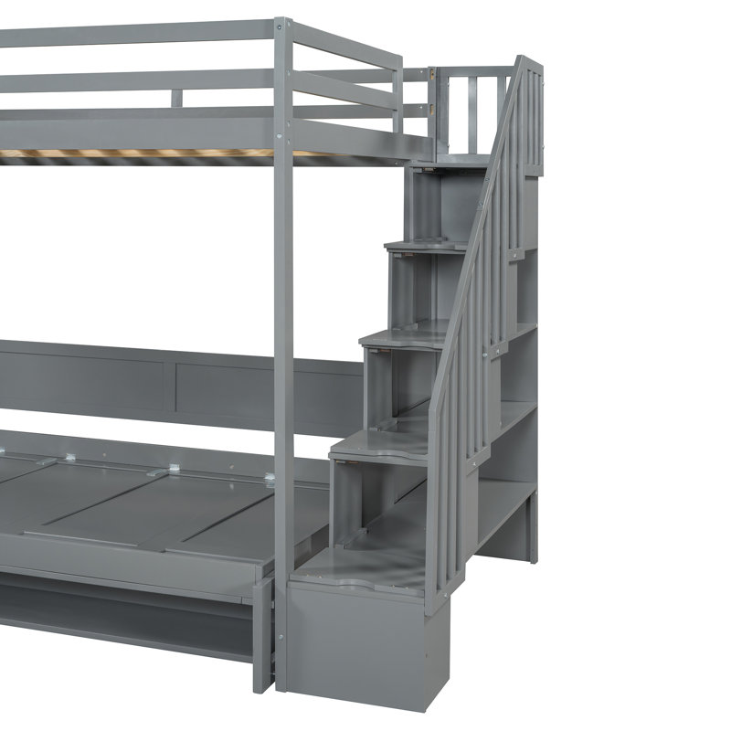 Lit mezzanine double avec lit escamotable intégré, escalier de rangement et bureau, gris