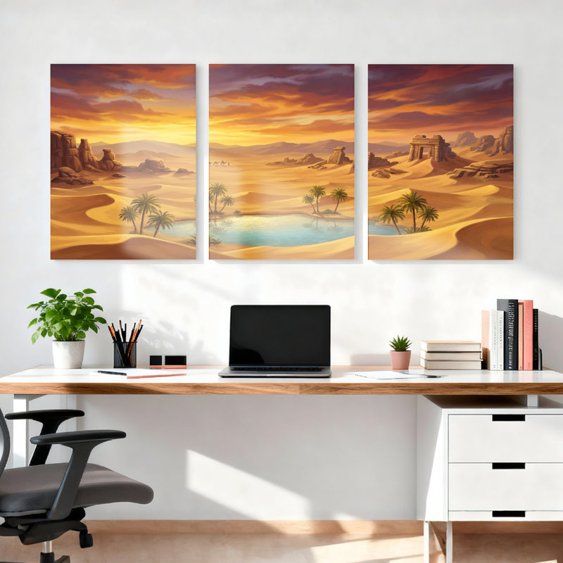 Ensemble de 3 toiles murales représentant un paysage de coucher de soleil dans une oasis du désert, H 30 po x l 60 po