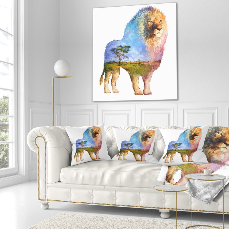 Lion double exposition - coussin imprimé animal, 16 po x 1 po, Coussin décoratif
