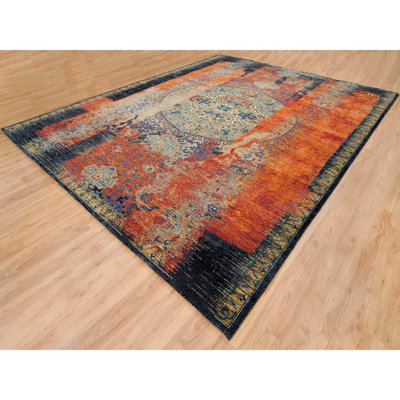 Tapis orange noué à la main de conception unique 12 pi x 15 pi 1 po nouvel âge Vandan