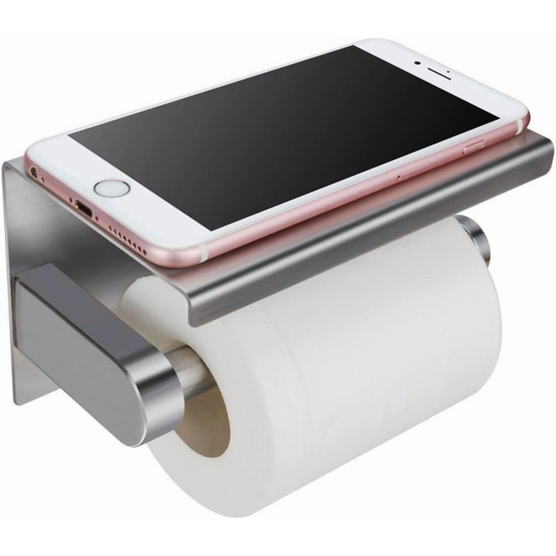 Wall Mounted Toilet Paper Holder With Phone Shelf - Stainless Steel Bathroom Tissue Dispenser, Space Saving Design For Small Bathrooms, Multi Functional Storage For Phone & Essentials