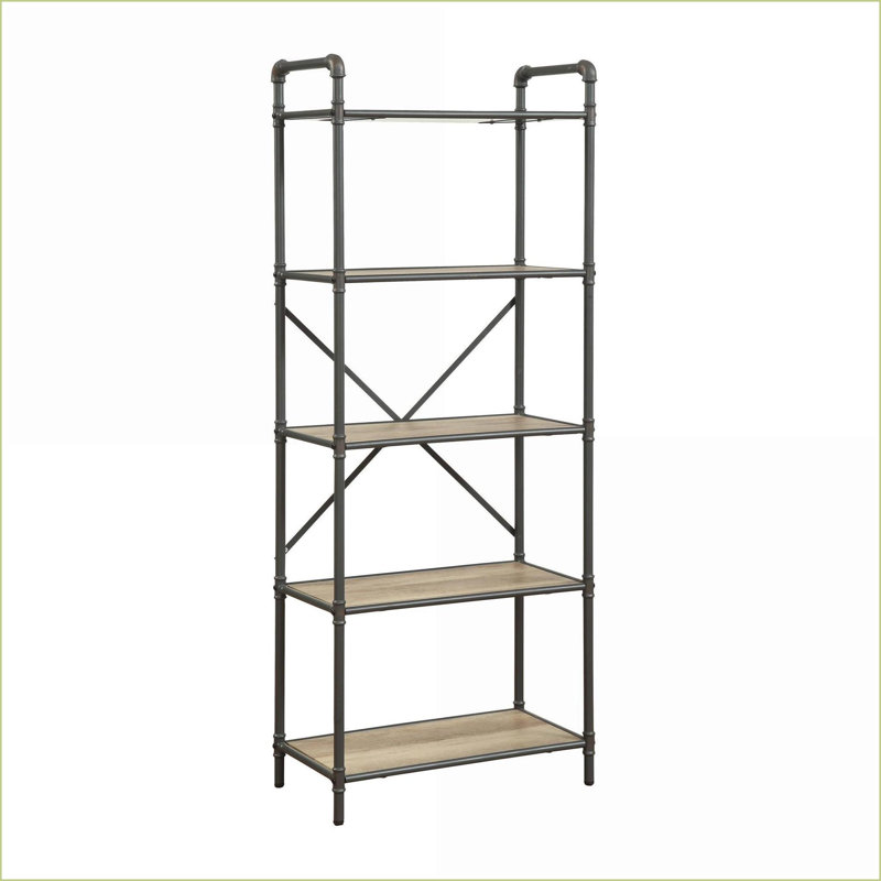 Bibliothèque, structure ouverte industrielle avec 5 tablettes fixes, chêne antique et amp; Finition gris sable | Métal | Bois synthétique