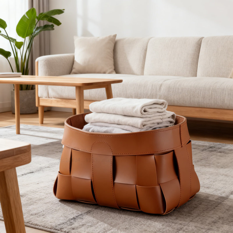 Orange-Brown, Small, Handwoven Leather Storage Basket For Clothes, Toys, Linens And Fabrics, Multi-Functional Designer Organizer For Stylish Home Decor