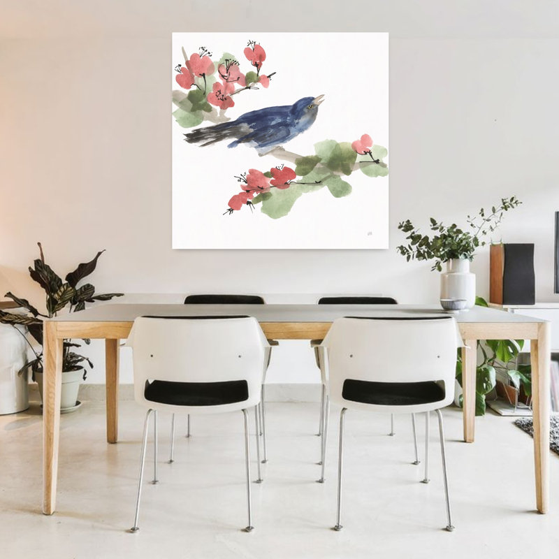 Art contemporain avec oiseaux et fleurs II, H 36 po x l 36 po