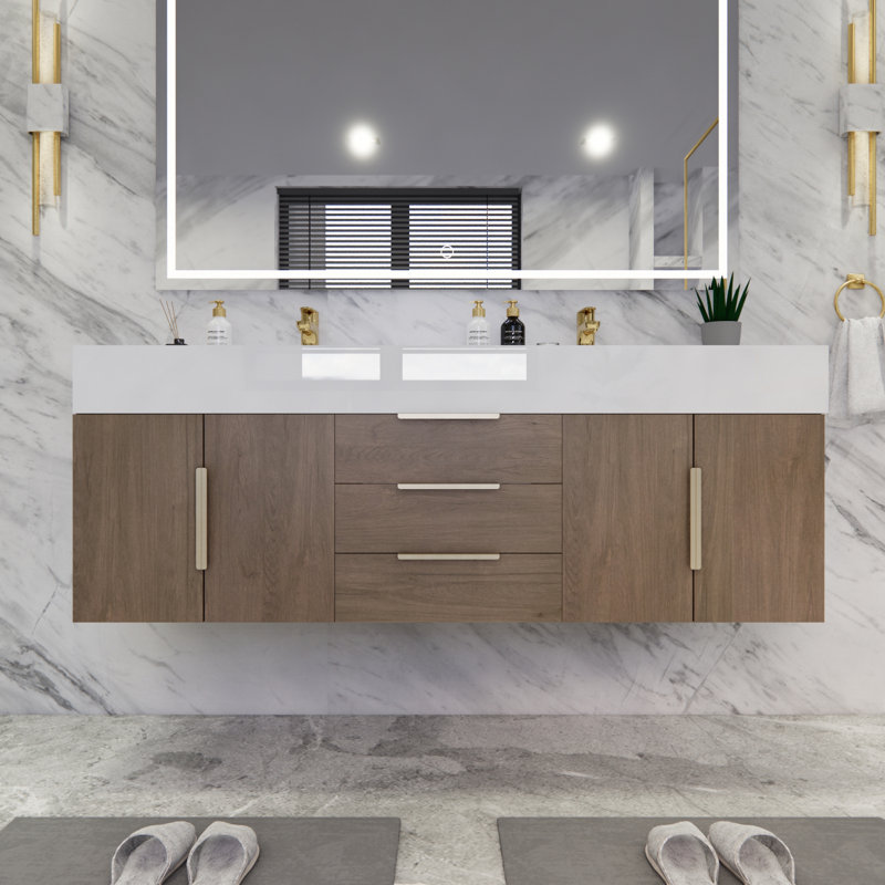 Ensemble de meuble-lavabo double mural l 59 po x P 19,75 po x H 22,25 po Glasgow, Blanc brillant, Chêne clair