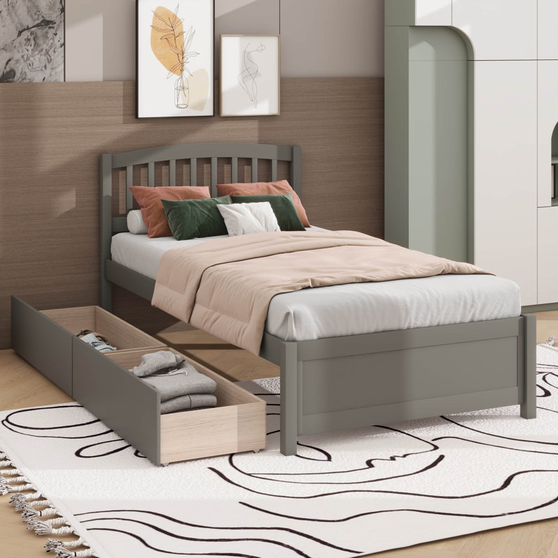 Lit plateforme simple avec 2 tiroirs et tête de lit, Gris
