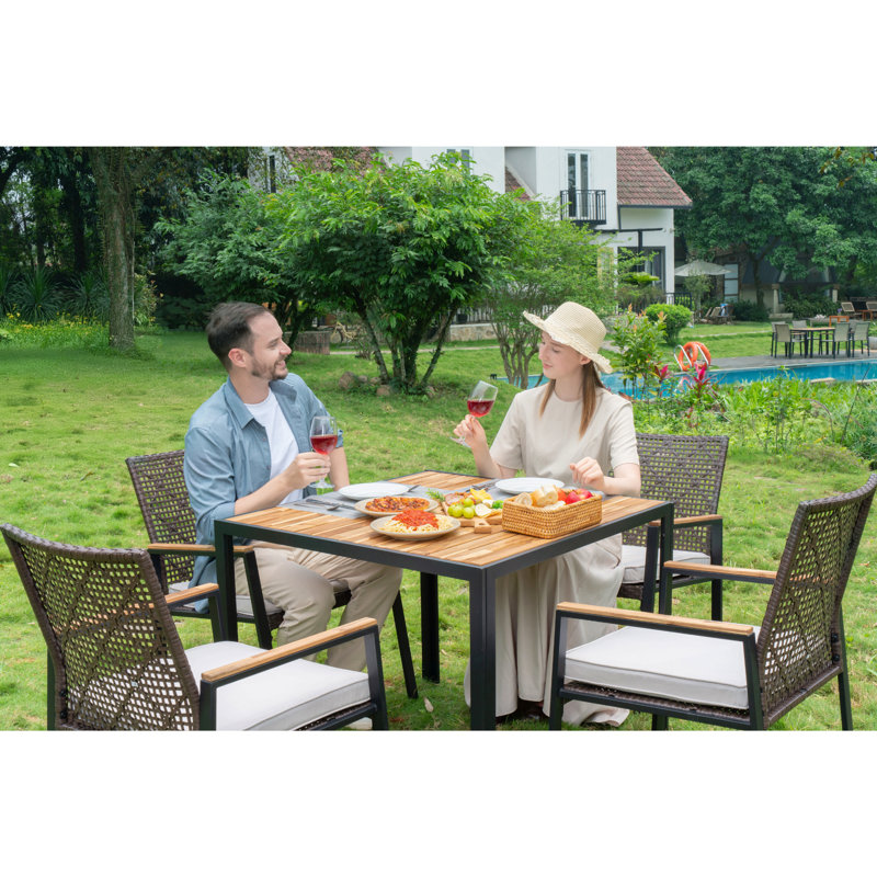 All Weather 5-Piece Patio Dining Table Sets, Patio Conversation Set Acacia Wood Table Top With Umbrella Hole, Rattan Outdoor