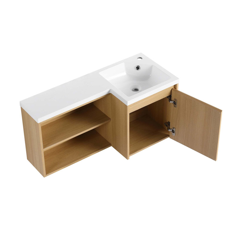 Meuble-lavabo flottant en L avec lavabo en résine intégré et rangement à fermeture en douceur, Right