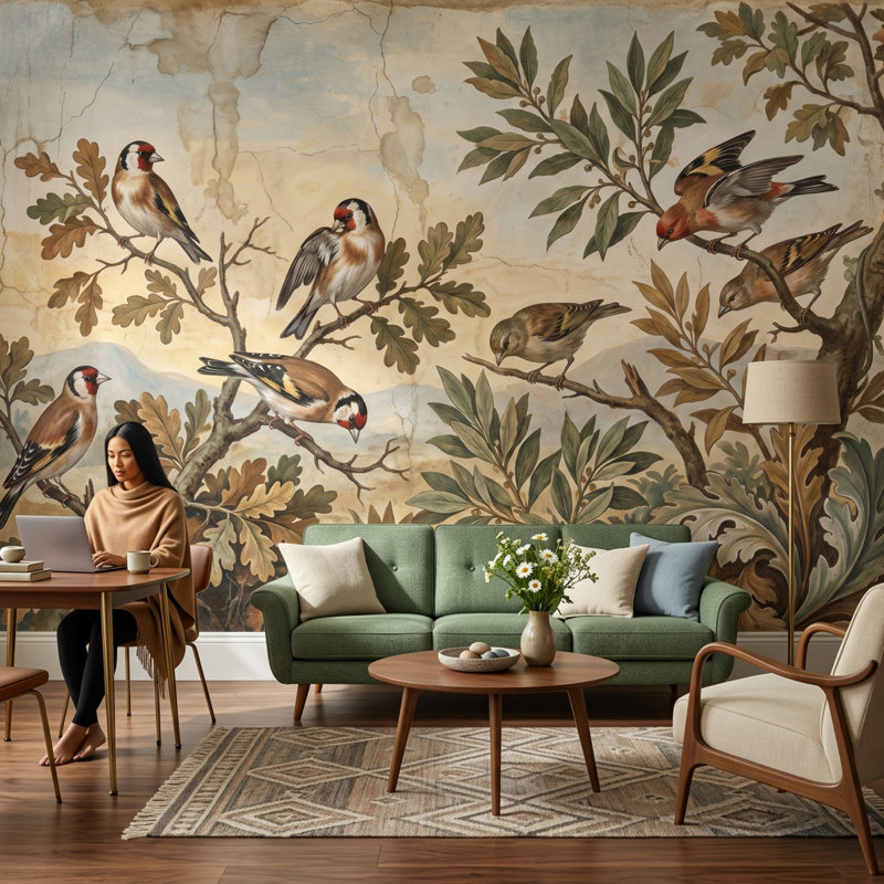 Papier peint botanique rétro, oiseaux sur branches, feuillage botanique, 120 po x 96 po, Peler et coller