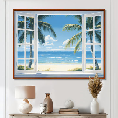 Vue sur l'océan par une fenêtre blanche ouverte I - art sur toile côtier