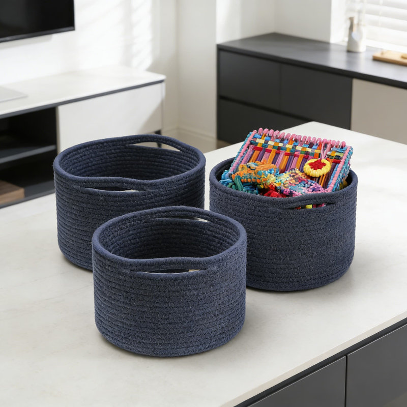 Hand-Woven Cotton Rope Storage Baskets, Round Decorative Organizer Bins With Reinforced Handles For Home, Shelf, Desk, Toy, And Gift Use