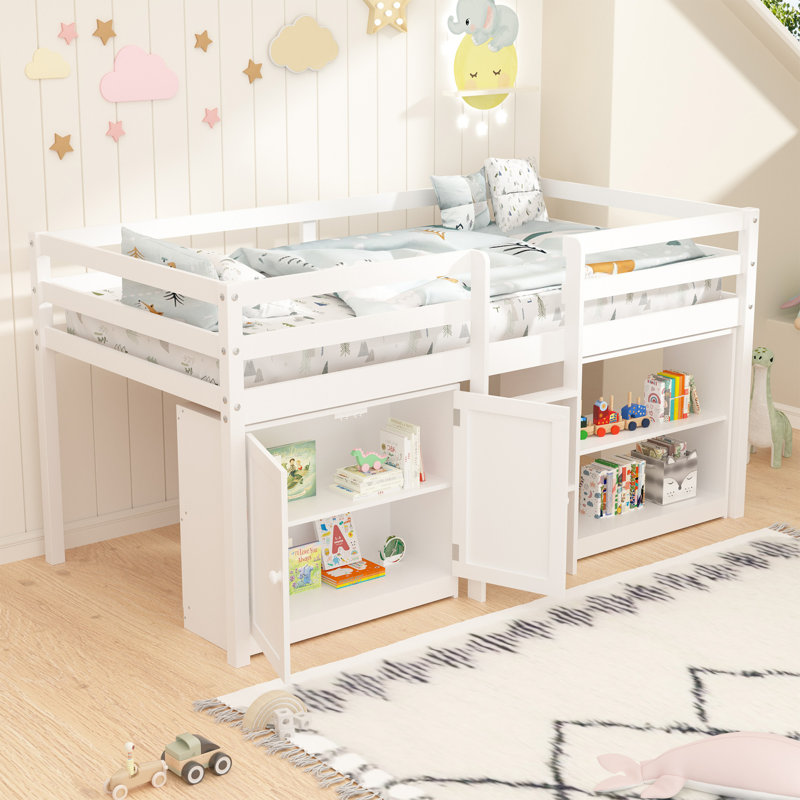 Low Loft Bed Twin Size With Led Lights, White