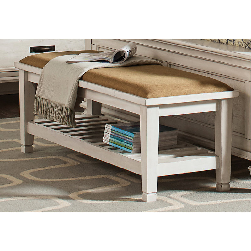 Banc en bois blanc avec tissu brun et fonction de rangement pour le revêtement de chambre doux