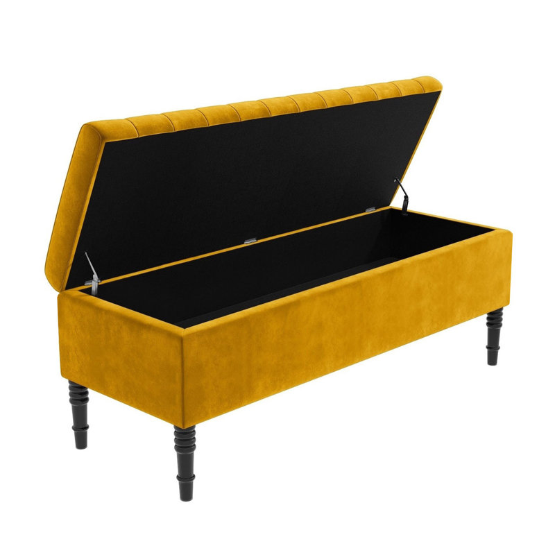 Paris Striped Ottoman Storage Bench - Upholstered Plush Velvet Shoes Bench with Black Turned Wooden Legs, Mustard Gold