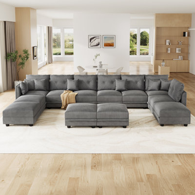 12 Seat Corduroy Convertible Modular Sectional Sofa With Storage, 7 Back Cushion 7 Throw Pillow