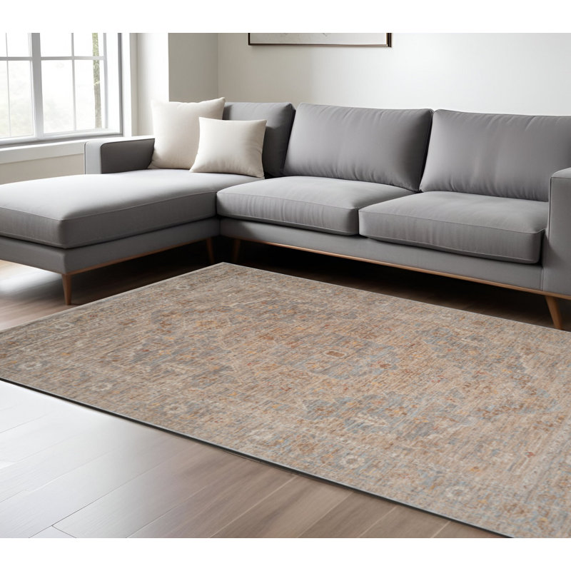 Tapis médaillon floral bleu et sable 9 pi x 12 pi avec frange