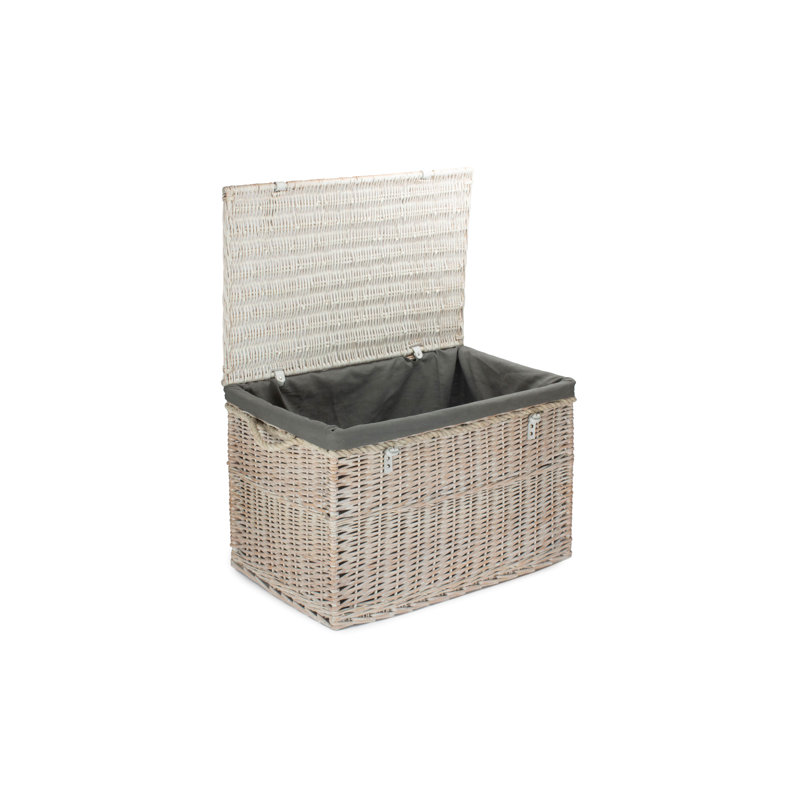 Fleur De Lis Wicker Storage Hamper Basket with Lining, White Wash/Grey