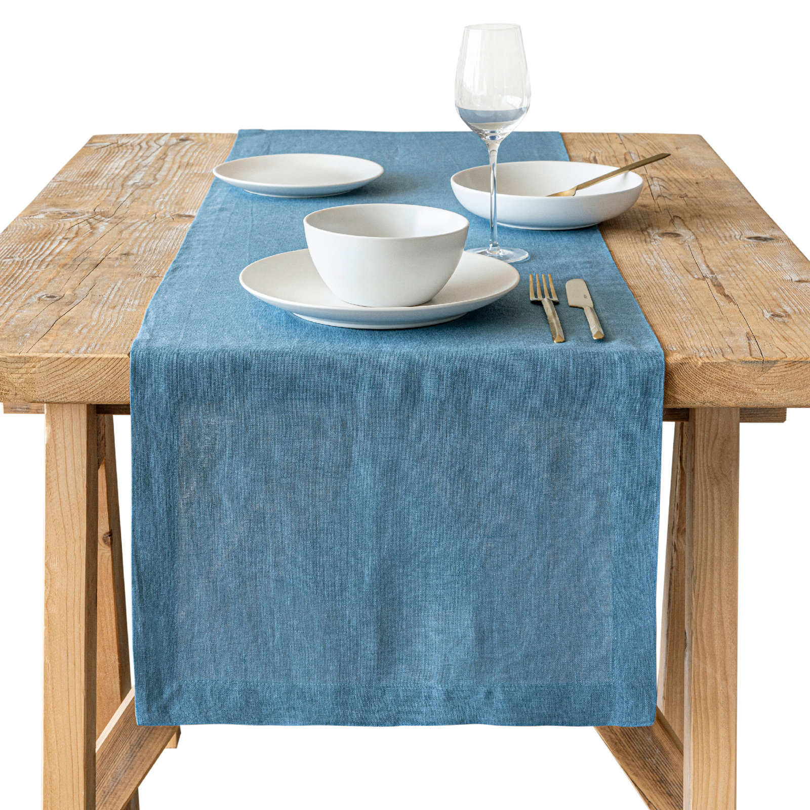 over&back Washed 100% Linen Table Runner - Machine Washable, Blue, 18" W x 108" L