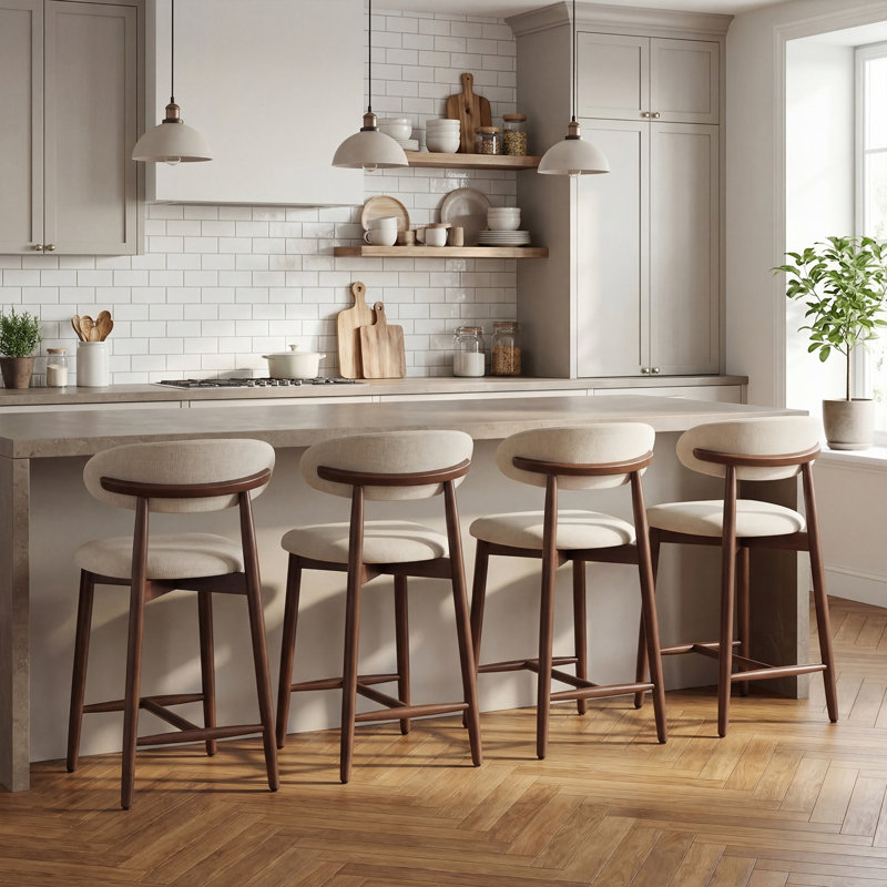 Tabouret de comptoir rembourrÃ© Vannie avec structure en bois massif, Beige