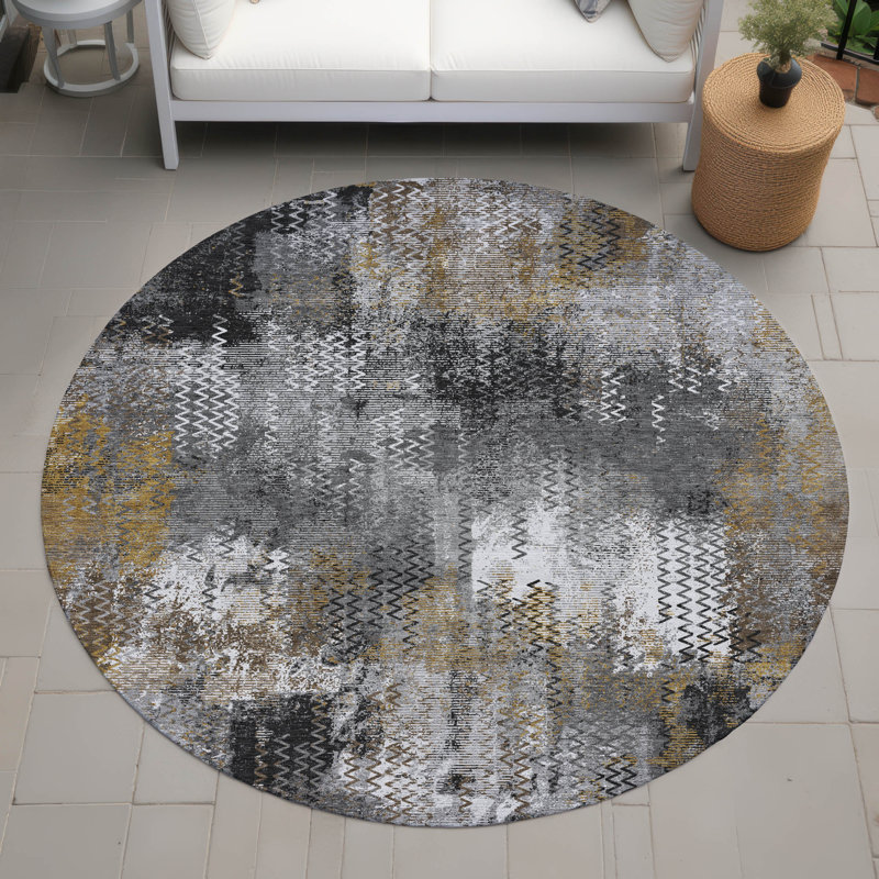 Tapis abstrait lavable à la machine intérieur / extérieur ACN2790, Gris, Rond 8 pi