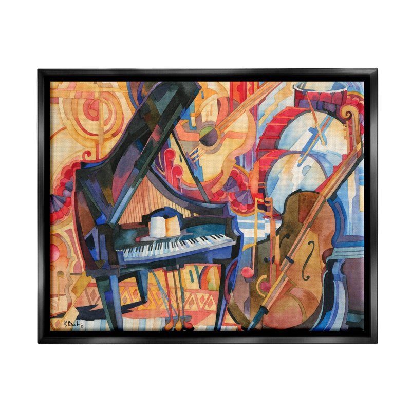 «Big City Music Piano Cubism», peinture sur toile à cadre flottant, H 17 po x l 21 po x P 1,7 po, Cadre flottant noir de jais