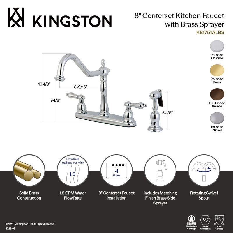 Kingston Brass Heritage Two-Handle 4-Hole 8" Centerset Kitchen Faucet with Side Sprayer, Polished Brass