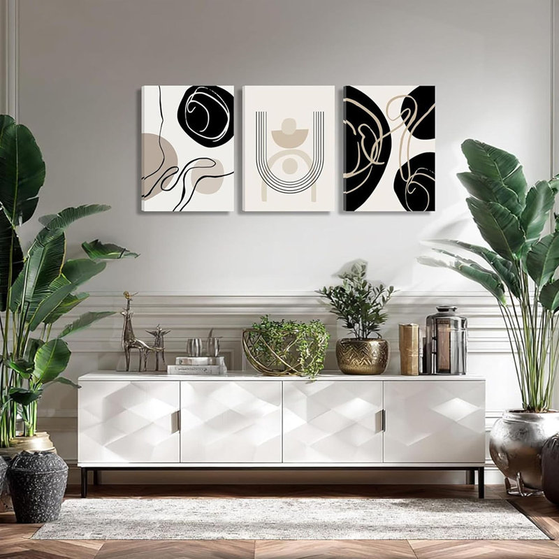 3Pcs Boho Neutral Geometric Canvas Wall Art Black Minimalism Line Painting Picture Wall Decor Mid Century Modern Abstract Poster Print Artwork For Livingroom Bedroom Bathroom Home Decoration