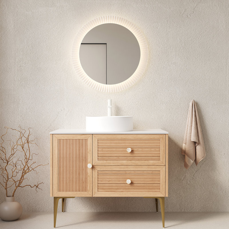 Meuble-lavabo autoportant de 36 po, lavabo en céramique de 16 po, contreplaqué haute résistance de 0,7 po d'épaisseur, 2 tiroirs et 1 porte, système de fermeture en douceur, lavabo à rayures en chêne exquis,