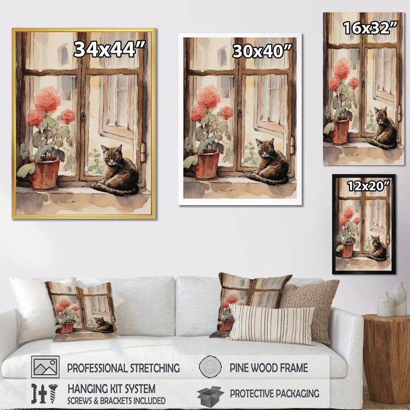 Chat orange assis sur l'aquarelle I - reproduction, H 20 po x l 12 po x P 1 po, Cadre simple noir