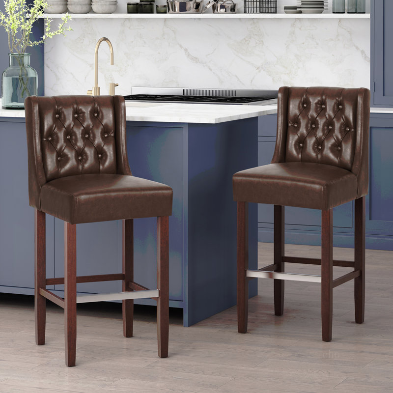 Tabouret de bar d'une hauteur de 30,5 po, revêtement en polyuréthane avec dossier et repose-pieds en métal, tabouret de comptoir pour îlot de cuisine, brun foncé