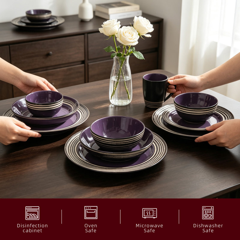  HomeVSS 48-Piece Tree Bark Stoneware Dinnerware Set, Service for 8, Lavender