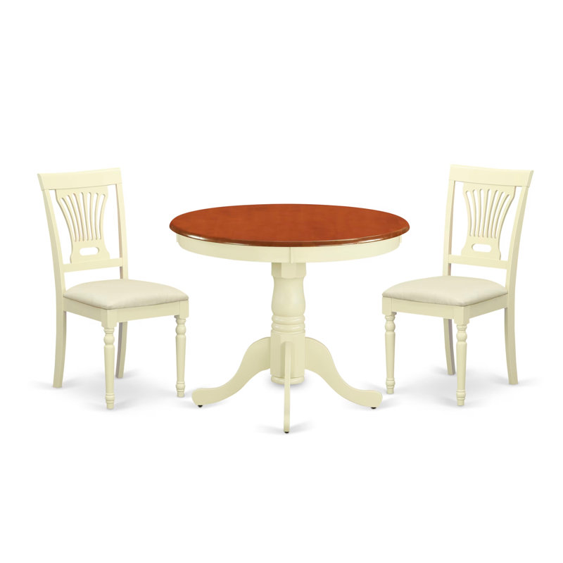 "3 Piece Dining Table Set for Small Spaces Contains a Round Kitchen Table with Pedestal and 2 Linen Fabric Kitchen Dining Chairs, 36x36 Inch, Buttermilk & Cherry 
