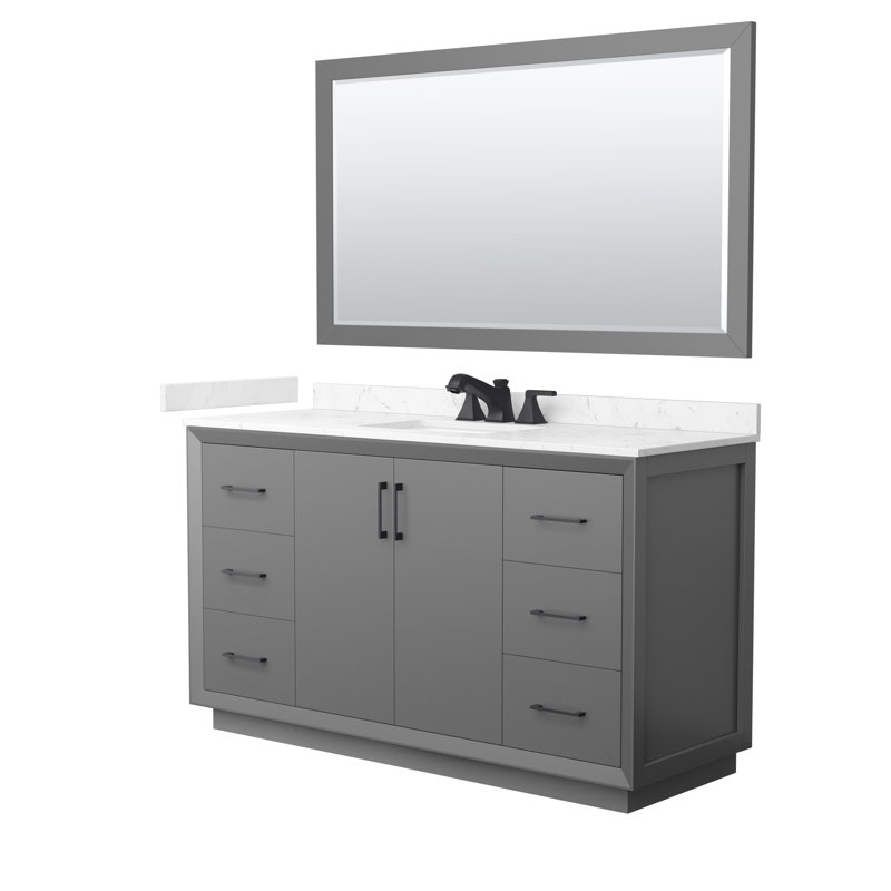 Meuble-lavabo simple autoportant 60 po avec plateau en marbre Strada, Gris, Noir mat