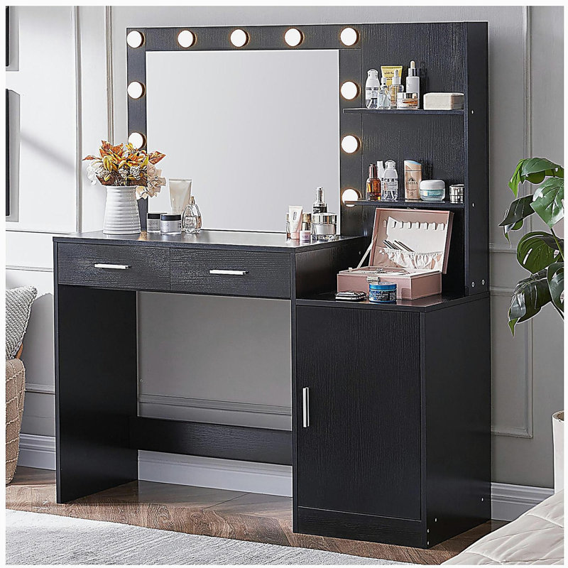 Meuble-lavabo avec miroir et lumières, coiffeuse 46,4 po avec 2 grands tiroirs et grand organisateur vertical, commode à 3 niveaux et 3 modes d'éclairage à luminosité réglable, convient à la chambre à coucher (noir)
