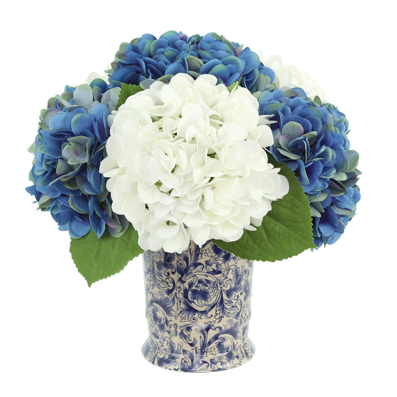 Hydrangea Arrangement in Pot, Blue/White